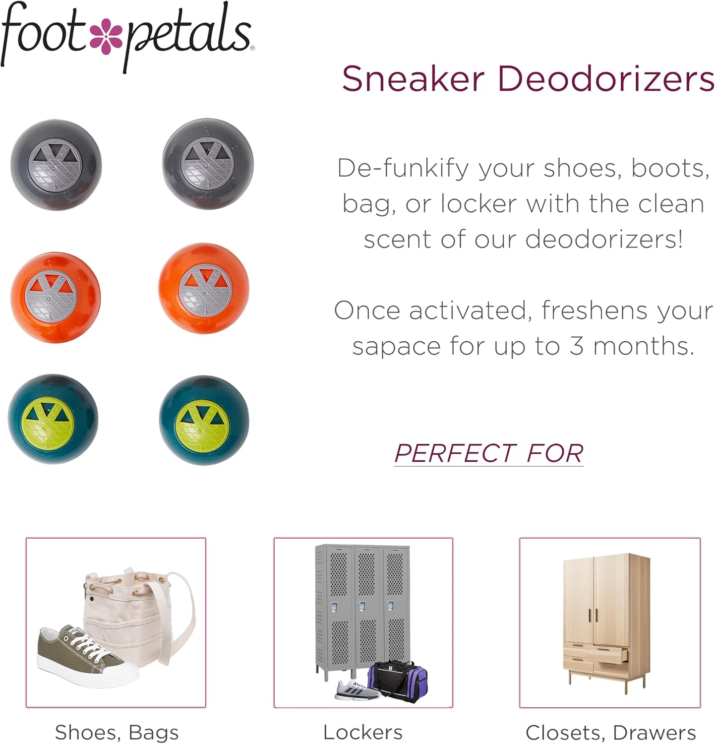 Foot Petals Sneaker Deodorizers - Freshener Balls For Shoes, Gym Bags, Lockers, or Drawers, 3-Pack, Neutral