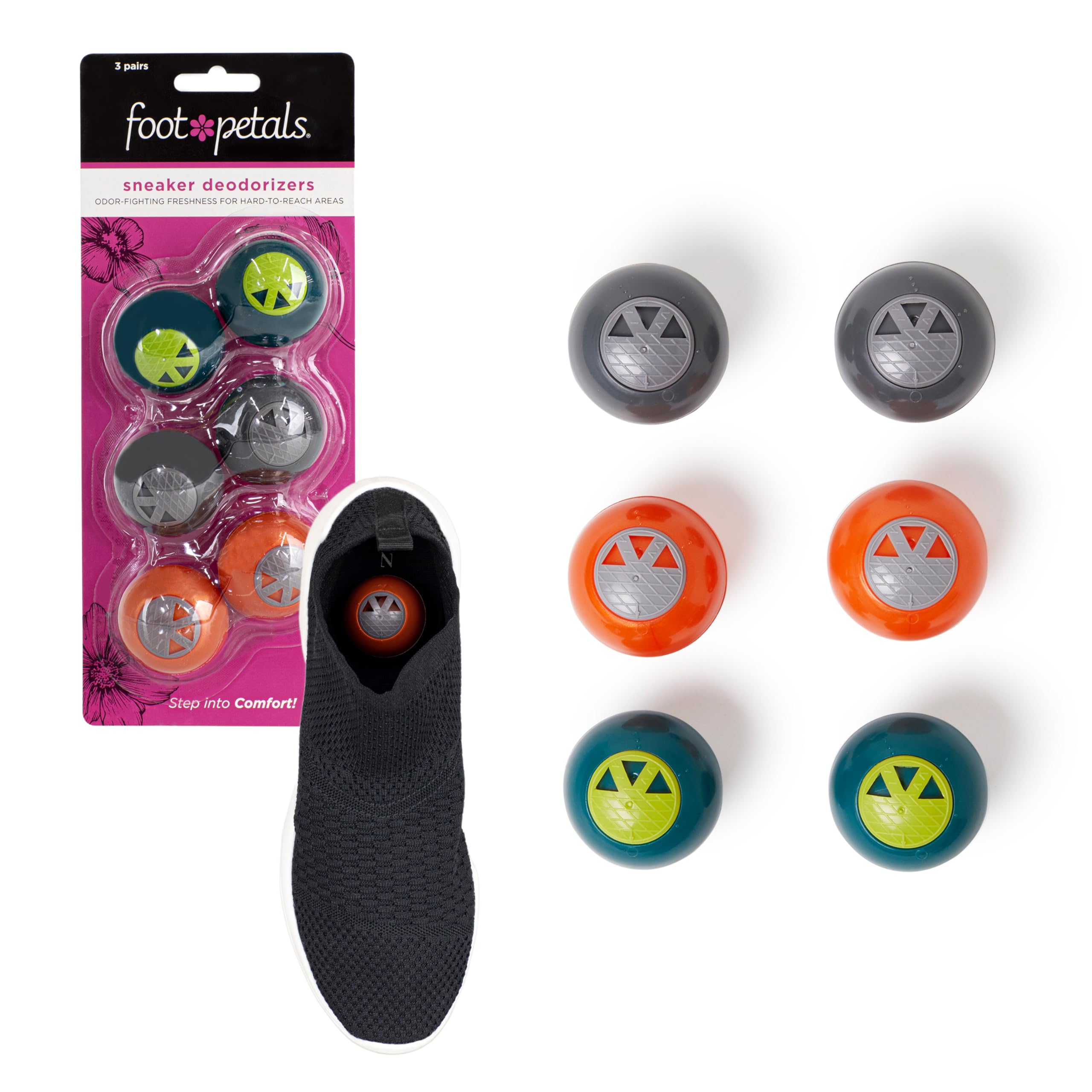 Foot Petals Sneaker Deodorizers - Freshener Balls For Shoes, Gym Bags, Lockers, or Drawers, 3-Pack, Neutral
