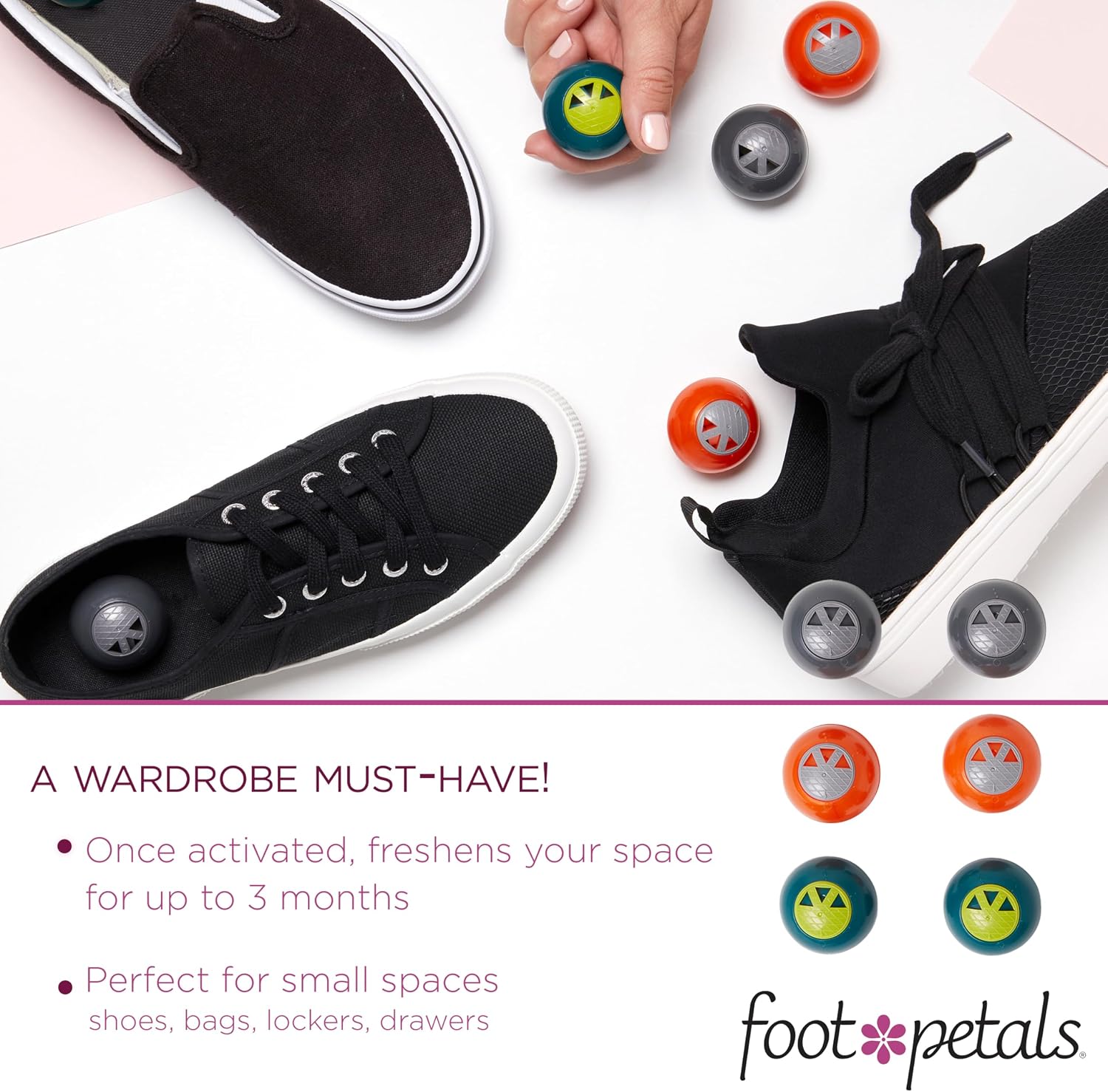 Foot Petals Sneaker Deodorizers - Freshener Balls For Shoes, Gym Bags, Lockers, or Drawers, 3-Pack, Neutral